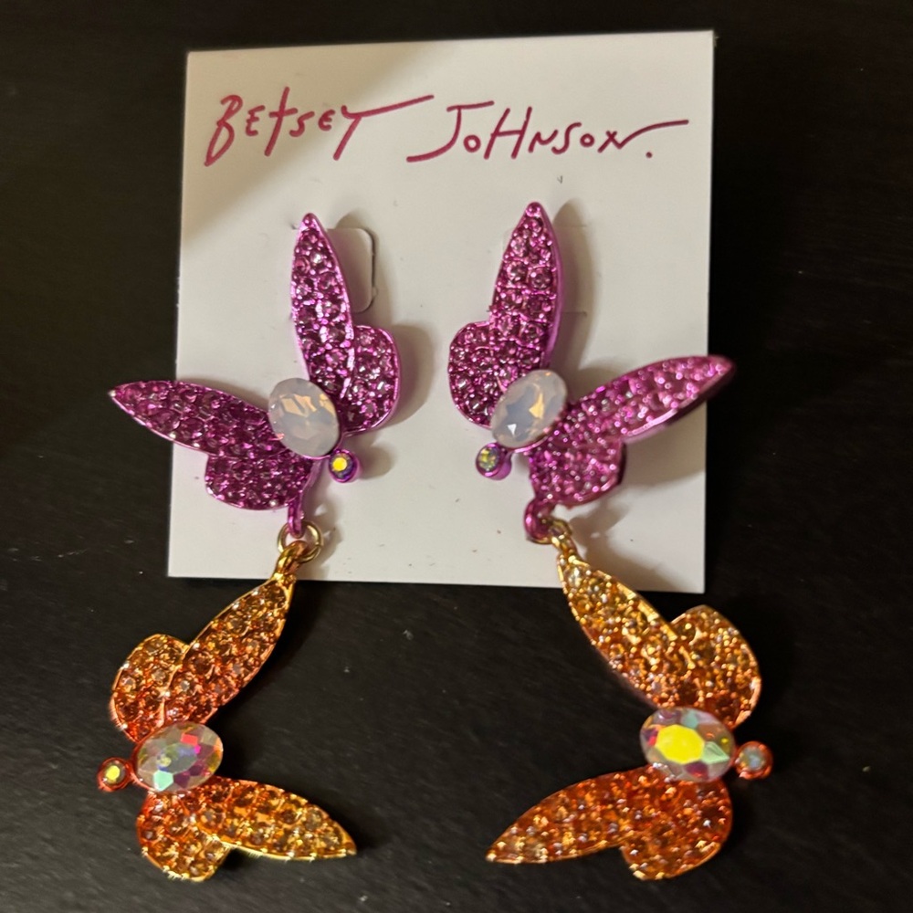 Betsey Johnson Butterfly Drop Earrings Pink Orange Crystals